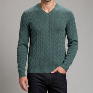 Allen Solly Sage Green 100% Cashmere Cable Knit V-Neck Sweater